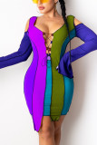 Deep Blue Fashion Sexy Patchwork Hollowed Out Strap Design Asymmetrical O Neck Long Sleeve Dress