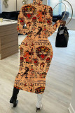 Light Brown Fashion Casual Print Basic Turtleneck Long Sleeve Dress