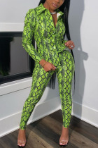 Green Sexy Casual Print O Neck Long Sleeve Two Pieces