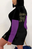 Purple Sportswear Print Turndown Collar Wrapped Skirt Dresses