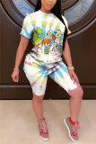 Multi-color Casual Print Split Joint O Neck Short Sleeve Two Pieces