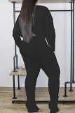 Black Casual Solid Draw String Fold O Neck Long Sleeve Two Pieces