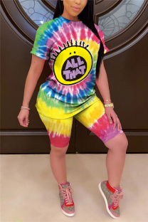 Multi-color Casual Print Patchwork O Neck Short Sleeve Two Pieces