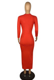 Red Sexy Solid Patchwork Buttons V Neck Pencil Skirt Dresses