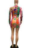 Colour Casual Print Oblique Collar Pencil Skirt Dresses