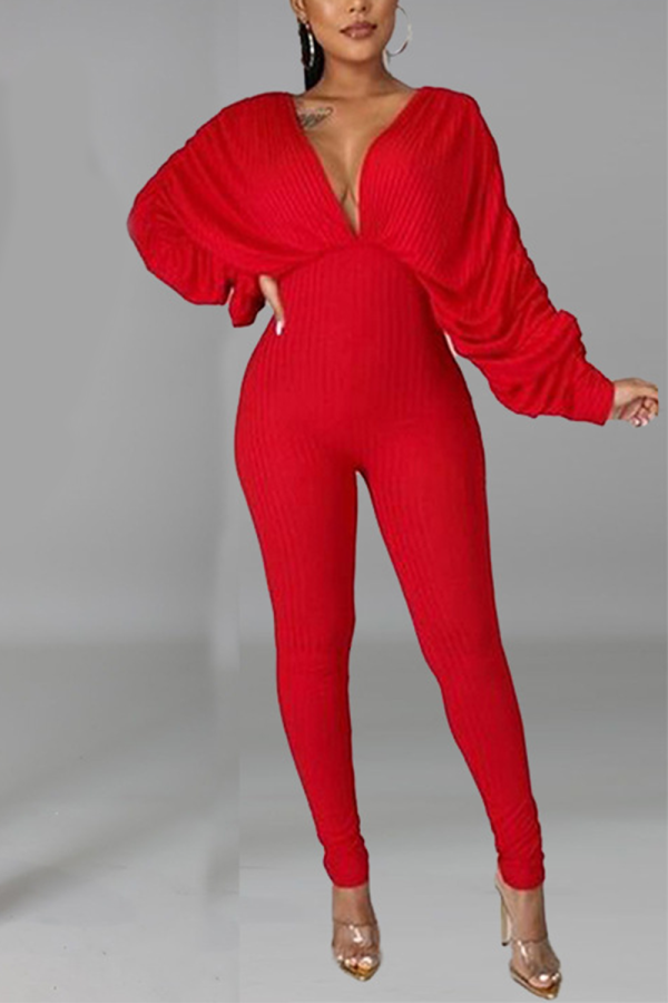 Red Sexy Solid Patchwork V Neck Skinny Jumpsuits