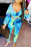 Peacock Blue Fashion Casual Print Tie-dye Backless V Neck Long Sleeve Two Pieces