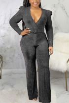 Silver Sexy Solid Patch With Belt V Neck Regular Jumpsuits