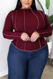 Wine Red Fashion Casual Solid Patchwork O Neck Plus Size Tops