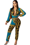 multicolor Sexy Print Button Long Sleeve Turndown Collar Jumpsuits