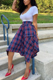 Blue Red Fashion Casual Plaid Print Asymmetrical Regular High Waist Skirt