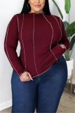 Wine Red Fashion Casual Solid Patchwork O Neck Plus Size Tops