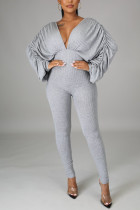Grey Fashion Casual Solid Without Belt V Neck Skinny Jumpsuits