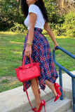 Blue Red Fashion Casual Plaid Print Asymmetrical Regular High Waist Skirt
