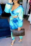Peacock Blue Fashion Casual Print Tie-dye Backless V Neck Long Sleeve Two Pieces
