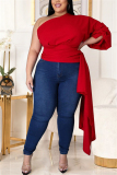 Red Fashion Sexy Solid Asymmetrical Oblique Collar Plus Size Tops