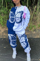 Blue Casual Butterfly Print Split Joint O Neck Long Sleeve Two Pieces