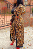 Leopard Print Casual Print Leopard With Belt O Neck Outerwear