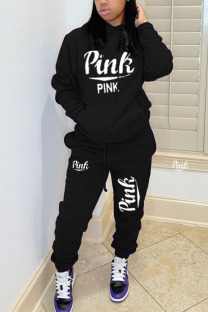 Black Casual Letter Print Hooded Collar Long Sleeve Two Pieces