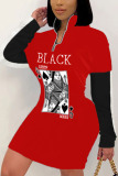 Red Black Street Print O Neck Pencil Skirt Dresses