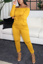 Yellow Sweet Solid With Belt Bateau Neck Straight Jumpsuits