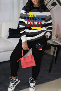 Black Sexy Striped O Neck Long Sleeve Two Pieces