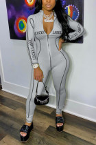 Grey Fashion Casual Letter Print Patchwork Zipper Collar Skinny Jumpsuits