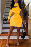 Yellow Fashion Sexy Solid Hollowed Out Turtleneck Long Sleeve Dress