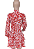 Red White Sexy Print Split Joint Half A Turtleneck A Line Dresses