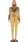 Yellow Casual Solid Sequin Patchwork Two Piece Suits pencil Long Sleeve Two-piece Pants Set