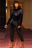 Grey Casual Solid Sequin Patchwork Two Piece Suits pencil Long Sleeve Two-piece Pants Set