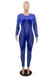 Blue Sexy Patchwork Mesh O Neck Skinny Jumpsuits