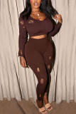 Coffee Sexy Solid Ripped O Neck Long Sleeve Two Pieces