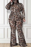 Brown Fashion Casual Leopard Basic Half A Turtleneck Plus Size Jumpsuit