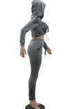 Grey Casual Solid Sequin Patchwork Two Piece Suits pencil Long Sleeve Two-piece Pants Set