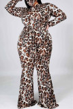 Brown Fashion Casual Leopard Basic Half A Turtleneck Plus Size Jumpsuit