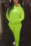 Fluorescent Green Daily Solid Embroidered Hooded Collar Long Sleeve Two Pieces