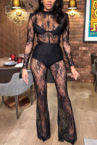 Black Fashion Sexy Solid See-through O Neck Regular Lace Jumpsuits