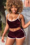 Wine Red Fashion Casual Slim fit crop top Solid Regular Two-Piece Short Set
