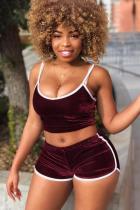 Wine Red Polyester Fashion Casual Slim fit crop top Solid Regular  Two-Piece Short Set