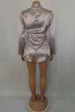 Silver Casual Solid Bandage Patchwork Turndown Collar Long Sleeve Two Pieces