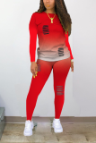 Red Sexy Gradual Change Ripped O Neck Plus Size