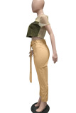 Khaki British Style Solid Buttons With Belt Regular Mid Waist Pencil Bottoms