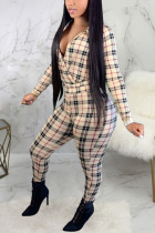 Yellow Sexy Plaid Patch V Neck Regular Jumpsuits