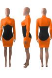 Grey Street Solid Patchwork Mandarin Collar Wrapped Skirt Dresses