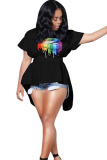 White Polyester O Neck Short Sleeve backless ruffle Print asymmetrical HOLLOWED OUT  Tees & T-shirts