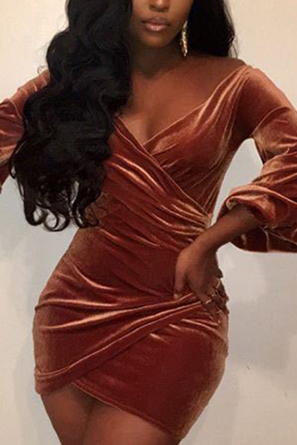 Brown Sexy Solid Split Joint V Neck Wrapped Skirt Dresses