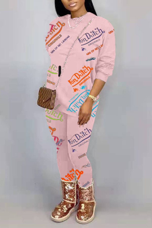 Pink Casual Letter Printing O Neck Long Sleeve Two Pieces