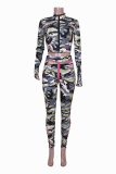 Camouflage Casual Work Street Camouflage Print Patchwork V Neck Long Sleeve Two Pieces