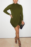 Army Green Fashion Casual Solid Asymmetrical Turtleneck Long Sleeve Dress